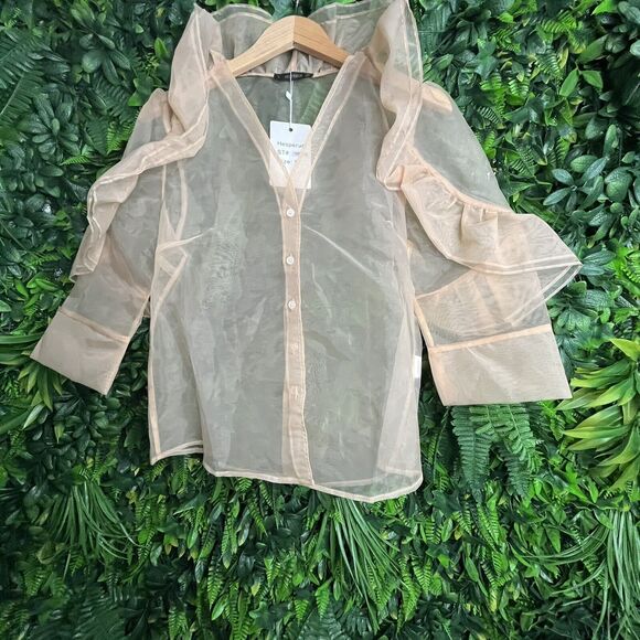Hesperus Tops Women Medium Beige Khaki Blouse Button Front Ruffle Sheer 0168 - Picture 4 of 6